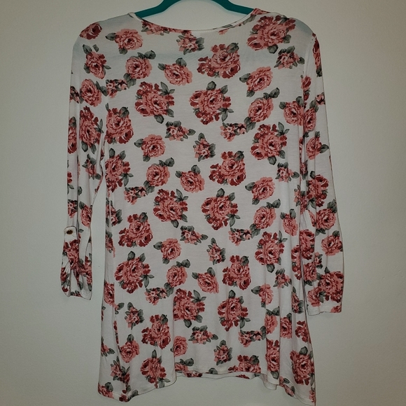 STUDIO Long Sleeve Floral Scoop Neck Flowy Blouse White with Pink Roses 172 - Picture 2 of 7